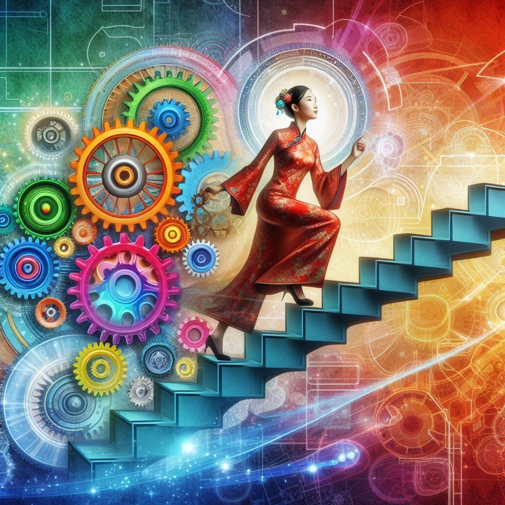 A surreal digital artwork depicting a Chinese figure in a flowing red dress ascending a staircase amidst colorful gears and cogs, set against a vibrant backdrop of abstract designs, symbolizing the harmonious blend of technology and humanity