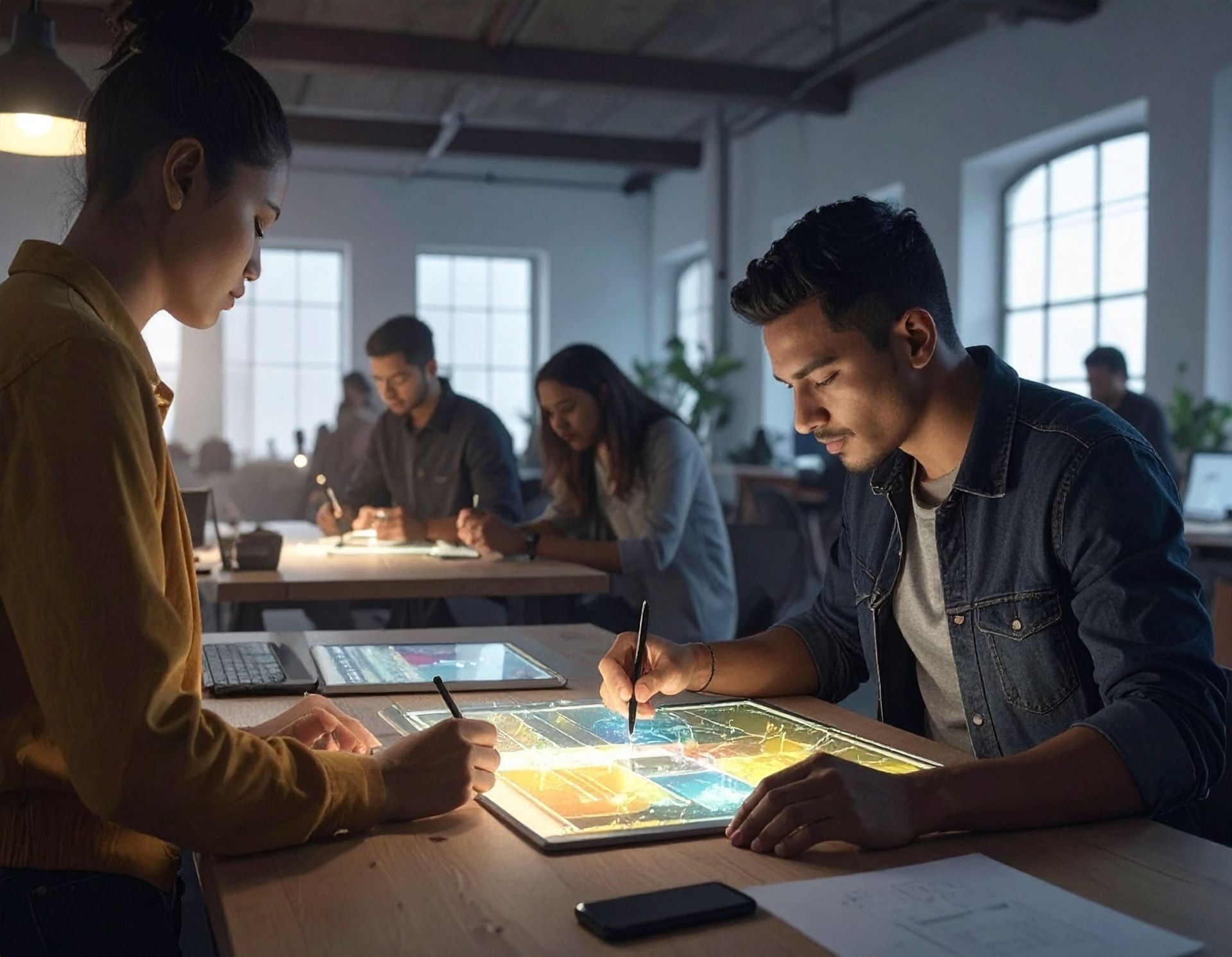 A bustling, open-plan studio space bathed in soft, creative light. Figures of diverse backgrounds are actively sketching on digital tablets, interacting with holographic projections, and collaboratively manipulating glowing data streams that form new product concepts. Energetic, optimistic atmosphere, soft focus, digital illustration, warm yellows and cool blues