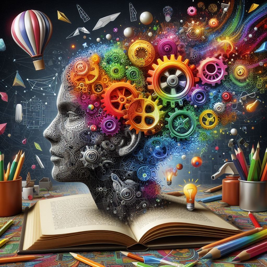 A visually rich and colorful illustration showcasing a human profile embedded with intricate gears and mechanisms, symbolizing the complex workings of the mind. The head is surrounded by vibrant, swirling colors and various icons representing creativity, innovation, and intellectual enlightenment. An open book at the forefront suggests a source of knowledge and learning