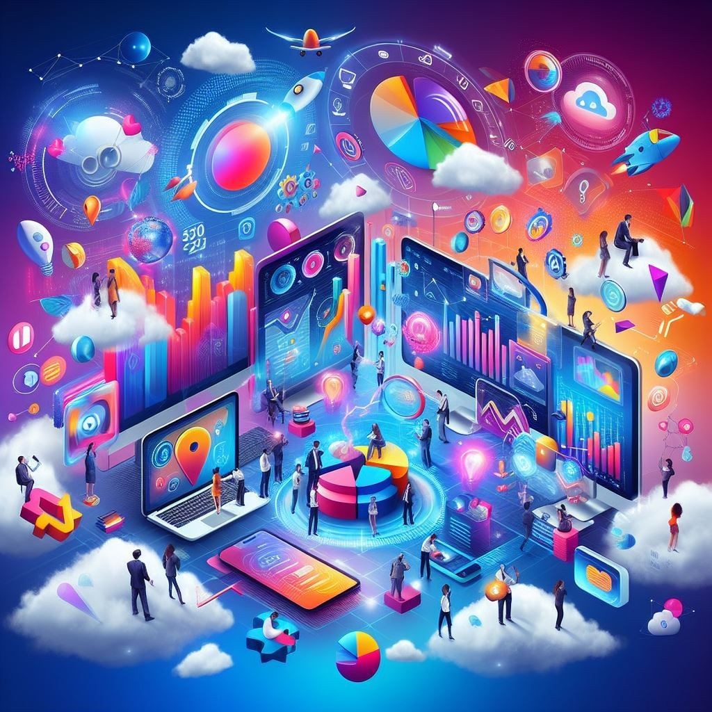 A vibrant and colorful illustration showcasing various elements of digital marketing and SEO, including people interacting with oversized icons of graphs, charts, and digital devices amidst clouds and floating elements