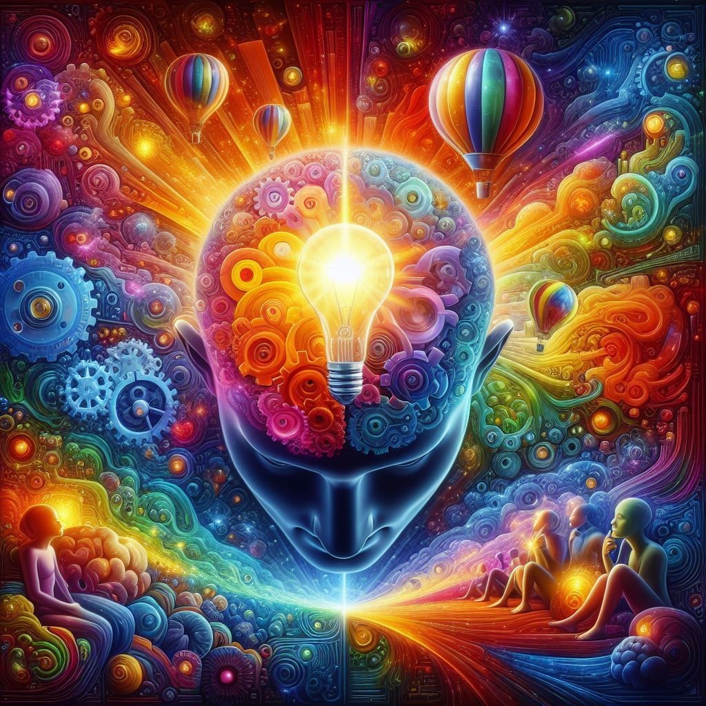 A dynamic and colorful digital artwork depicting a human brain as the epicenter of creativity and innovation. The brain is rendered in a spectrum of vibrant colors, surrounded by symbolic elements such as gears and hot air balloons, which represent the mechanics of thought and the elevation of ideas. A prominent light bulb glows amidst the scene, signifying the spark of inspiration. In the foreground, two figures are immersed in contemplation, symbolizing the human element in the creative process. The backdrop features a dreamlike sky, adding to the surreal and imaginative atmosphere of the illustration