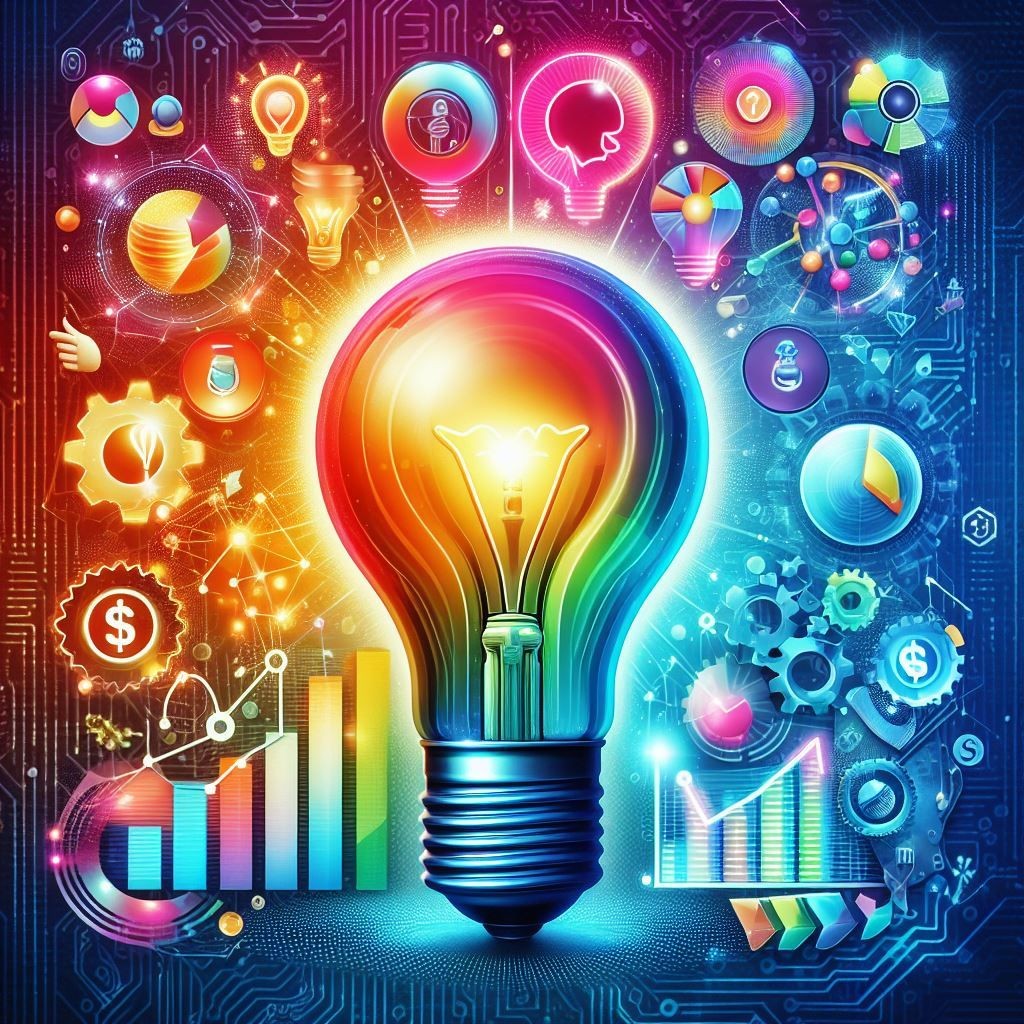 A vibrant and colorful illustration showcases a light bulb, symbolizing an idea or innovation, surrounded by various icons representing different aspects of business growth and development, including graphs, gears, and money symbols.