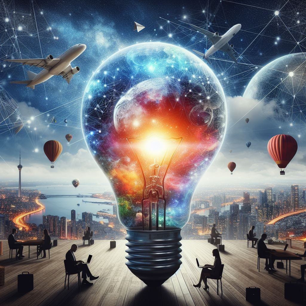 A captivating digital artwork depicting a giant light bulb encapsulating a cityscape and universe, symbolizing boundless human creativity. The bulb is surrounded by individuals working on laptops, signifying the integration of technology and innovation in everyday life. Airplanes and hot air balloons in the sky illustrate the concept of connectivity and exploration, while the transition from an urban skyline to the cosmos reflects the limitless potential of ideas.