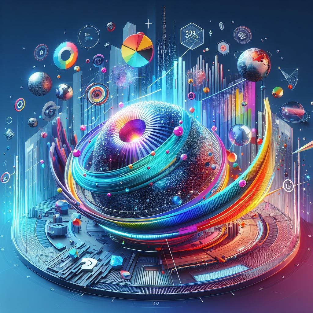 A vibrant and dynamic digital artwork showcasing a futuristic data visualization sphere surrounded by colorful graphs, charts, and other visual data representations. The image is rich in detail and color, illustrating a complex and interconnected digital ecosystem.