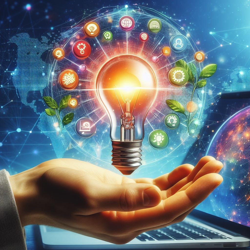 A hand holding a light bulb with icons of innovation emerging from it and a laptop showing a world map in the background.
