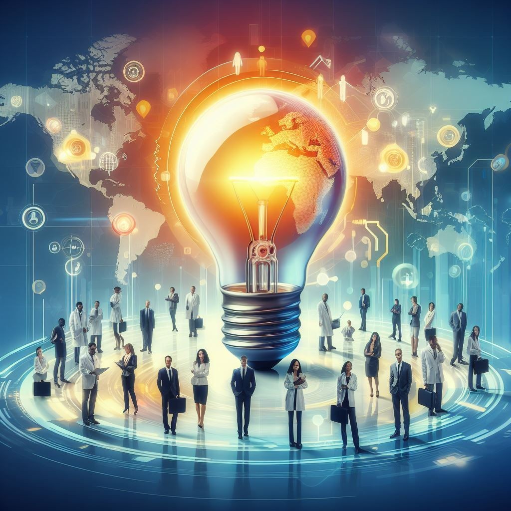 A conceptual image of innovation and technology, with a small glowing light bulb surrounded by large people, dressed in business attire or lab coats, and a world map in the background.