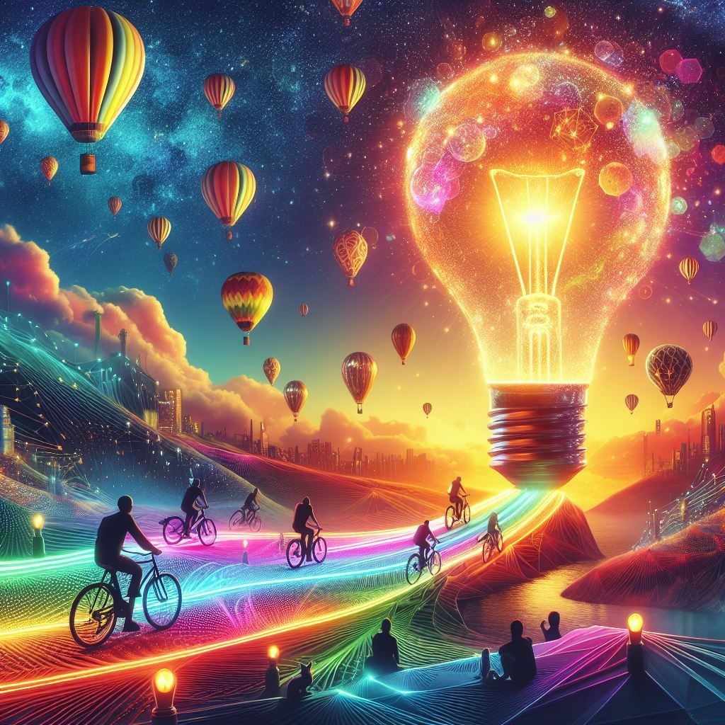 A vibrant and colorful digital artwork showcasing a surreal landscape where creativity and innovation come to life. Silhouettes of people riding bicycles on a glowing path, surrounded by floating hot air balloons and a giant illuminated light bulb symbolizing bright ideas, innovation, and imagination.