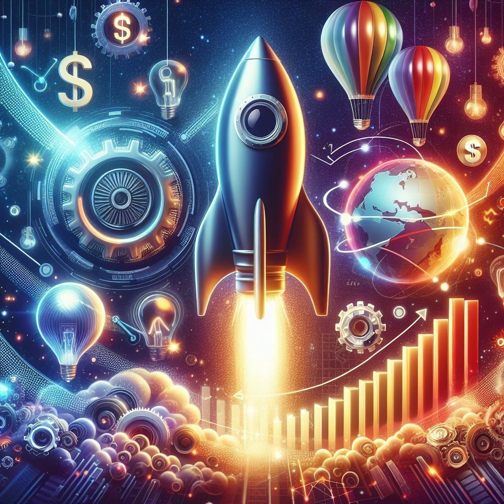 a dynamic and colorful illustration that captures the essence of startup culture and entrepreneurship. It features a variety of elements commonly associated with business growth and innovation, such as a soaring rocket, floating hot air balloons, an illuminated light bulb, ascending bar graphs, dollar signs, and gears. A calculator labeled ‘LEAN’ underscores the focus on efficiency, while books and documents signify the importance of knowledge. A computer screen displays the word ‘STARTUP’ alongside growth graphs, and a man standing on the calculator represents the entrepreneur at the helm. Coins stacked symbolize financial success. This image is well-suited for content related to business, entrepreneurship, and the lean startup methodology.