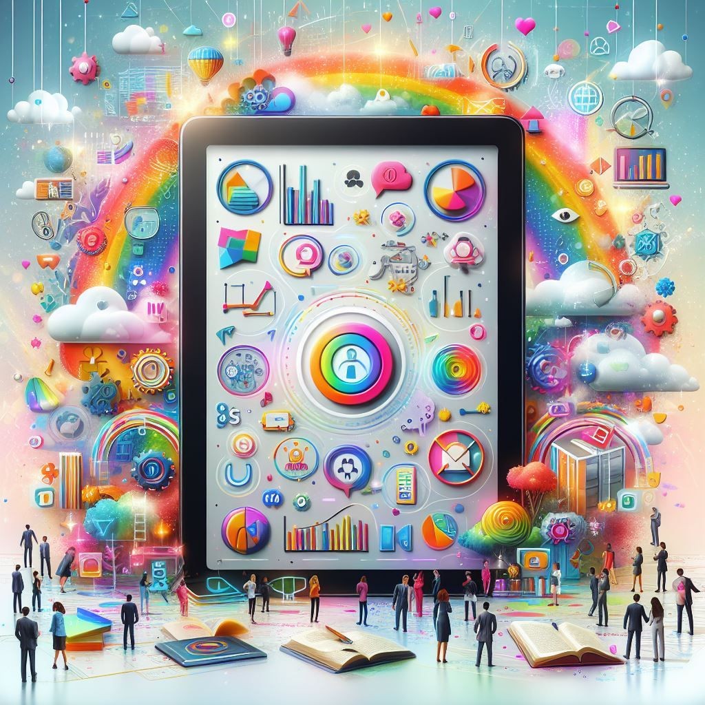 A vibrant and colorful illustration showcases a digital tablet displaying “Case Studies” surrounded by miniature people, books, hot air balloons, and various educational and analytical elements against a whimsical backdrop of rainbows and clouds.