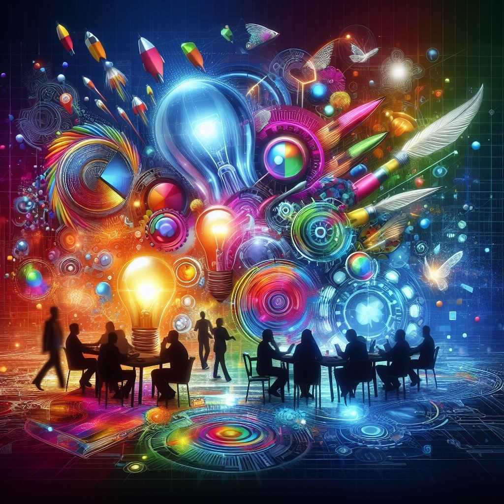 A dynamic digital artwork capturing a brainstorming session, with silhouetted figures engaged in discussion, surrounded by radiant symbols of creativity such as light bulbs, gears, and pencils, set against a futuristic backdrop with neon hues and intricate designs