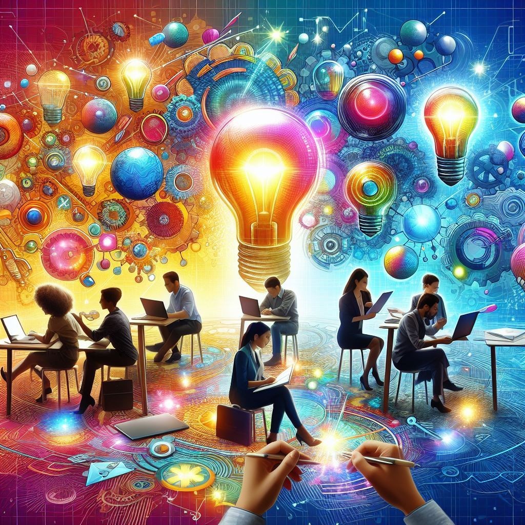 A dynamic digital artwork capturing a brainstorming session, with silhouetted figures engaged in discussion, surrounded by radiant symbols of creativity such as light bulbs, gears, and pencils, set against a futuristic backdrop with neon hues and intricate designs