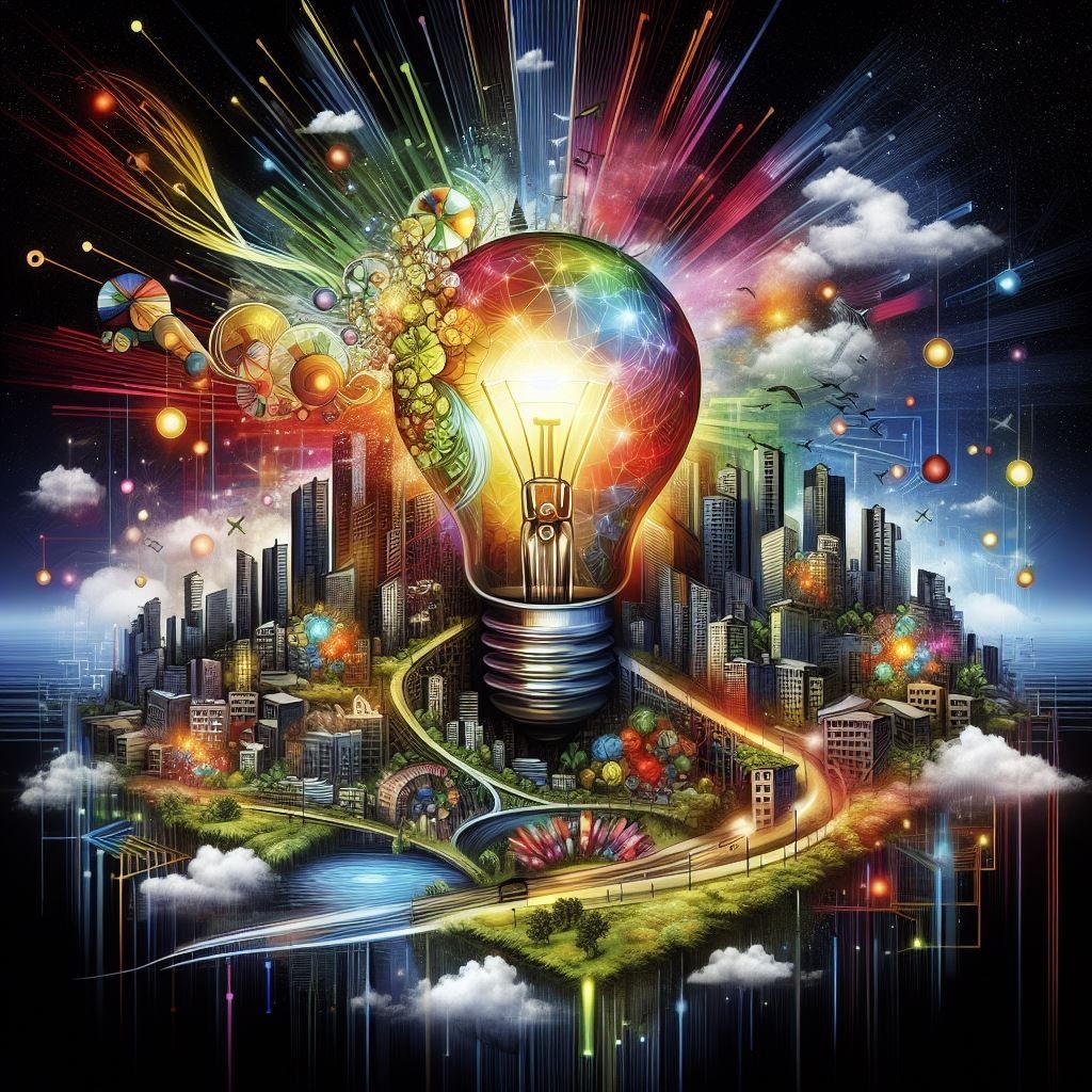 A vibrant and imaginative illustration that combines urban development with creative innovation, featuring a cityscape interlaced with a giant, illuminated light bulb and colorful rays that symbolize a diversity of ideas. The artwork includes elements of nature, technology, and urban life, depicting a world where creativity and progress know no bounds.