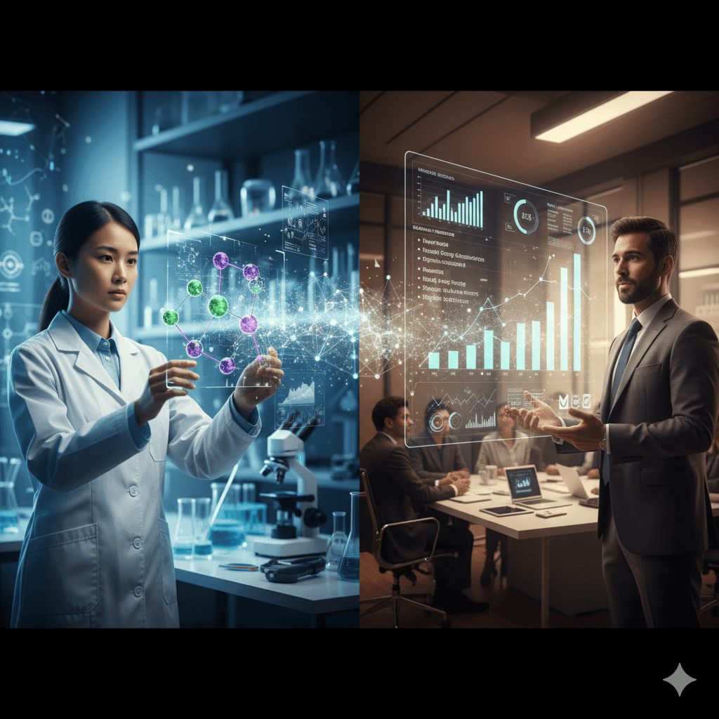 In a sophisticated, split-frame composition, one side features a pristine, high-tech R&D laboratory where a scientist in a lab coat is intently examining a complex, glowing molecular model on a holographic display, surrounded by advanced scientific equipment and intricate data visualizations. The other side seamlessly transitions into a sleek, modern boardroom where a business executive in a sharp suit is presenting a financial forecast and market strategy on a large digital screen to a diverse, attentive board. A subtle, luminous bridge or shared visual element (like a single, evolving data stream or a projected product concept) connects the two scenes, symbolizing the direct flow of innovation from research to strategic market application. Ultra photorealistic, cinematic lighting, sharp focus on both scenes, detailed textures of both environments, illustrating the synergy between scientific discovery and market strategy.