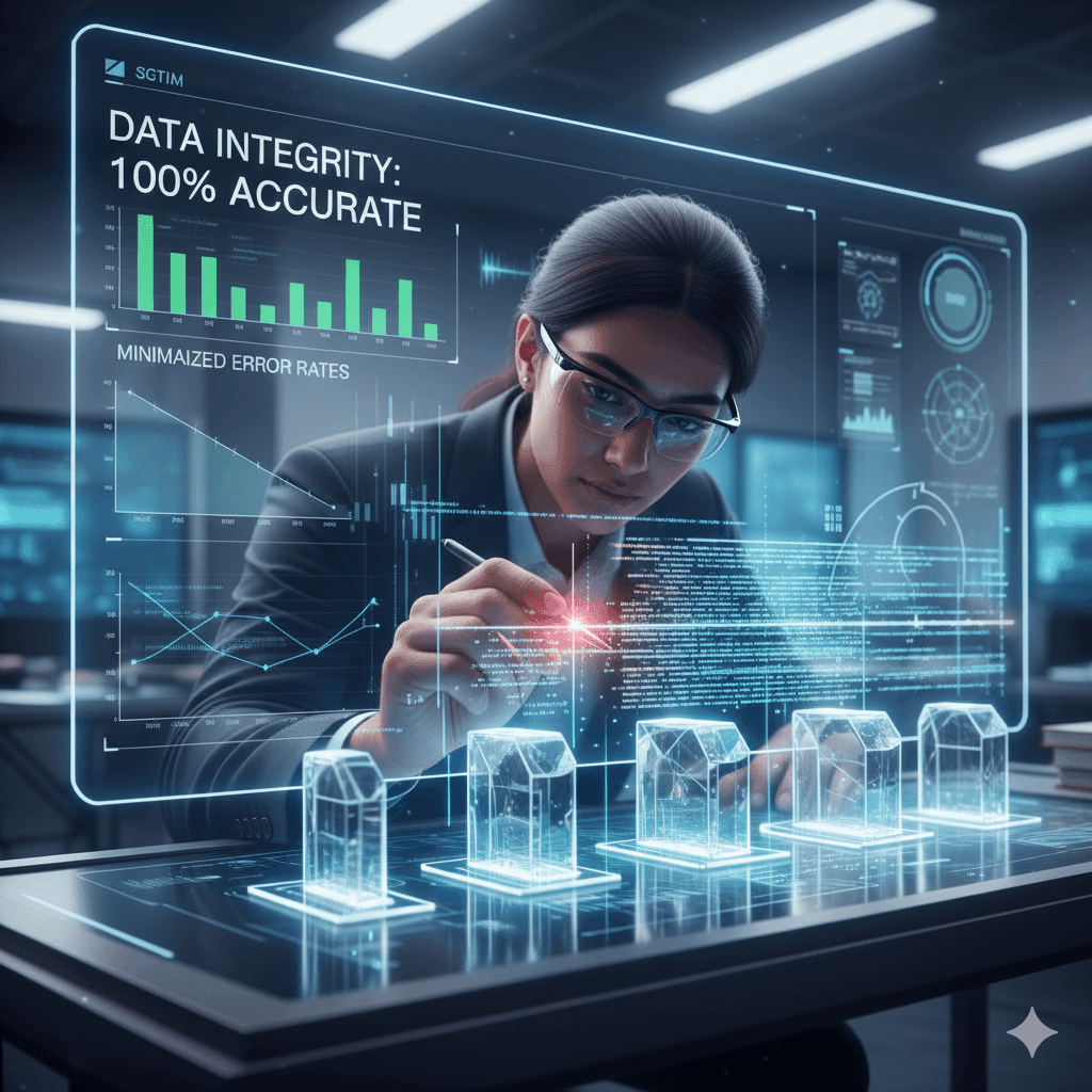 In a pristine, high-tech data validation center, a meticulous data professional, wearing precision magnifying glasses, leans over a holographic workbench where streams of raw data are visibly flowing. The data streams initially appear as slightly distorted, fluctuating patterns, but as they pass through various glowing 'validation gates' and 'error-correction nodes' on the workbench, they transform into perfectly aligned, crisp, and stable lines of information. The professional's hand, equipped with a subtle glowing stylus, points to a specific anomalous data point which is being highlighted and corrected in real-time. On a large, transparent screen behind them, a 'data integrity dashboard' displays a perfect 100% accuracy score, with intricate charts showing minimized error rates. The environment is calm, controlled, and emphasizes meticulous attention to detail. Ultra photorealistic, full frame, cool, precise laboratory lighting, sharp focus on the individual and the transforming data visualizations, detailed textures of polished surfaces, glowing digital elements, and human precision, illustrating the rigorous process of cleansing and validating data for absolute accuracy.