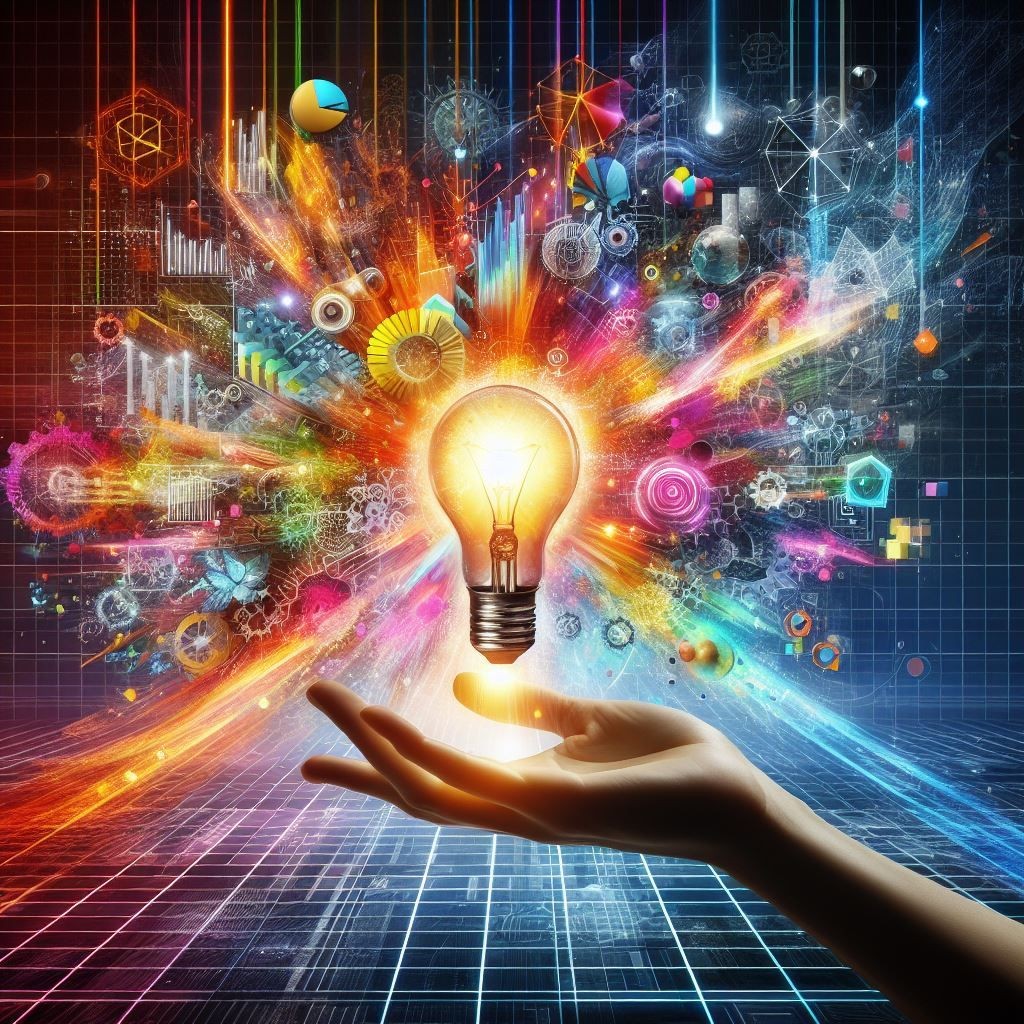 A dynamic and vibrant digital artwork that showcases the interplay of innovation and technology. A hand holds a brightly lit bulb, casting light on an array of colorful 3D shapes, graphs, gears, and technological elements that burst outwards, symbolizing the explosion of ideas in the digital age. The central focus on the glowing bulb emphasizes creativity, while the surrounding elements reflect the interconnectedness of technology and data analytics. The background’s grid pattern adds a digital or virtual reality feel, and the extensive use of bright colors creates an energetic and lively mood.