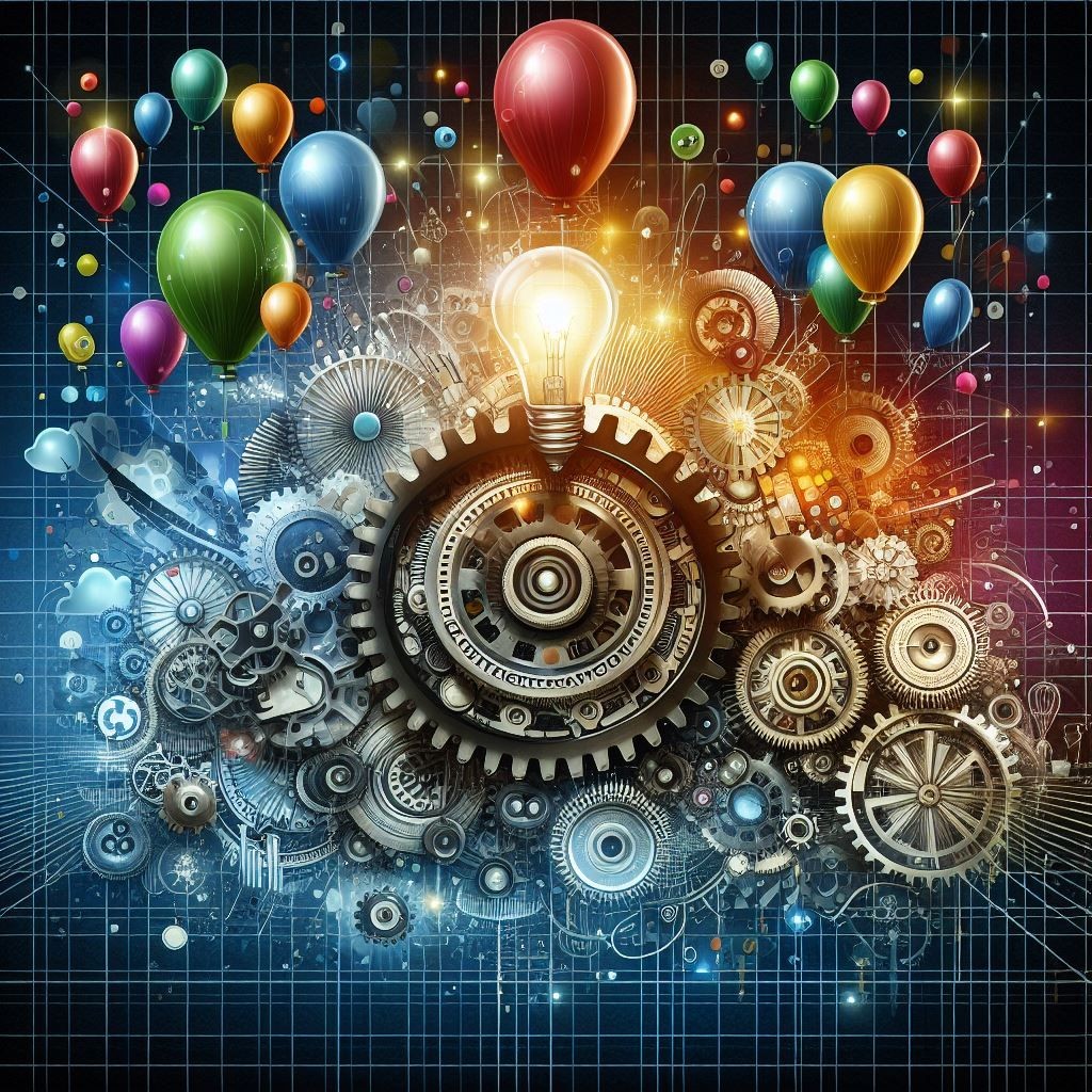 A dynamic and colorful illustration that represents ‘Strategic Innovation’ through a blend of mechanical gears, ascending balloons, and illuminated light bulbs. The central gear is inscribed with the theme, surrounded by smaller gears and mechanical parts, symbolizing the interconnectedness and complexity of strategic planning. The rising balloons and light bulbs signify the growth of ideas and the spark of creativity. The grid background adds a technical and structured dimension to the concept, emphasizing the fusion of creativity and strategy in innovation