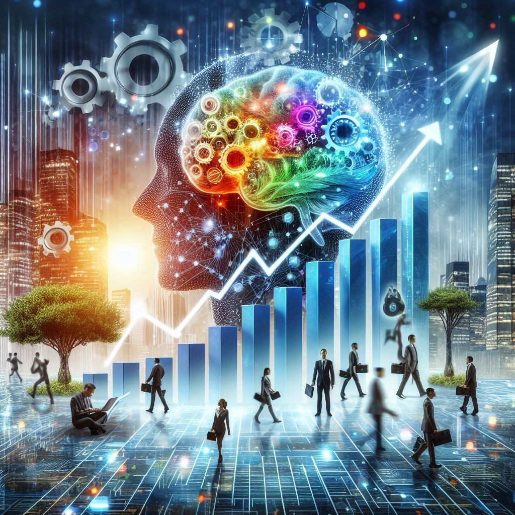 A dynamic illustration of business growth and technological innovation, featuring a rising graph with people actively engaging in work, a brain composed of gears symbolizing creative thinking, and elements of nature and technology coexisting within a futuristic cityscape.