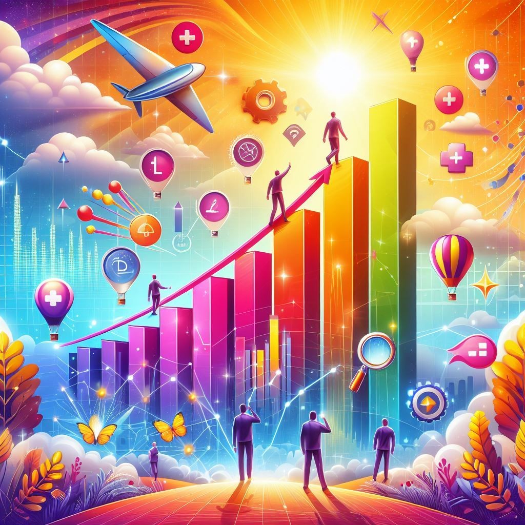 A dynamic and colorful illustration that captures the essence of Lean Startup. It features human figures ascending a stylized growth chart, symbolizing the upward trajectory of successful strategies. The figures are surrounded by icons and elements such as plus signs, magnifying glasses, and gears, which represent the various tools and components of Lean Startup. The base of the image is adorned with visual representations of data analytics, including bar graphs and pie charts, emphasizing the importance of data in Lean Startup. The sunny sky, mountains, trees, and hot air balloons in the background convey an optimistic and progressive outlook, reflecting the bright future of effective process implementation