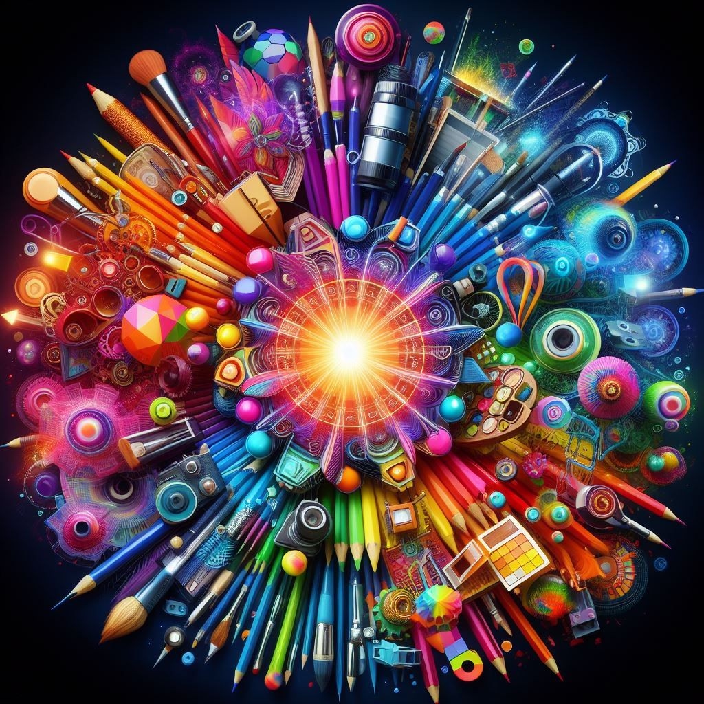 A vibrant and colorful collection of art tools, both digital and traditional, arranged around a central, radiant color wheel. This arrangement highlights the fusion of technology and creativity in the artistic process. The image is a visual representation of the creative tools available for artists in the modern era, blending the old with the new to create a comprehensive toolkit for artistic expression