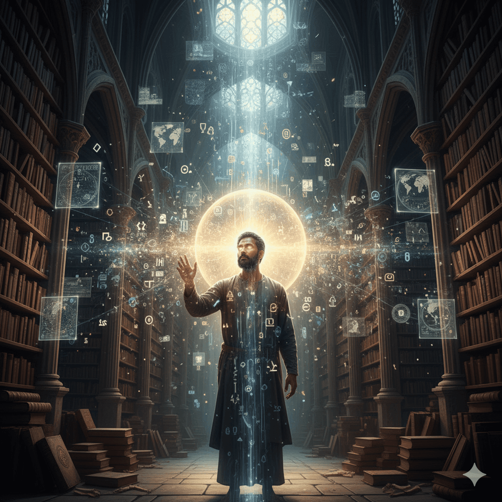 A solitary, contemplative individual stands in a vast, ethereal library or knowledge repository that blends ancient architectural grandeur with futuristic digital elements. Towering bookshelves stretch infinitely, filled with glowing tomes and scrolls, while between them, shimmering holographic projections of complex algorithms, historical archives, and global data networks interweave. The individual reaches out, and as their hand touches a central, radiant orb, streams of light containing diverse symbols, languages, and scientific formulas flow directly into them, illuminating their face with profound understanding. Their expression is one of awe, empowerment, and profound insight, as if they are downloading or instantly comprehending immense wisdom. The scene is both grand and intimate, emphasizing the personal connection to a universal source of information. Ultra photorealistic, full frame, dramatic chiaroscuro lighting (dark shadows, bright glowing elements), sharp focus on the individual and the converging knowledge streams, detailed textures of aged books, digital light, and human expression, illustrating the transformative impact of accessing profound knowledge
