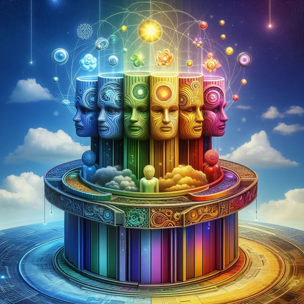 A thought-provoking and artistic representation of human cognition and diversity. It features two silhouetted human profiles facing each other, connected by a network of celestial bodies, stars, and planets. Below this cosmic array is a colorful platform with pillars, each displaying a different color of the rainbow, and atop the platform are human figures in various postures corresponding to the colors. The central part of the image is obscured by three colored rectangles, adding an element of mystery. This artwork symbolizes the complex and interconnected nature of human thought and the diverse spectrum of human experience.