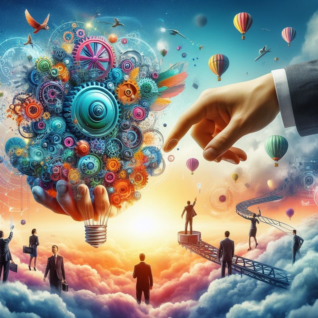 A vibrant and colorful illustration showcasing ‘The Early Adopter’ in technology and innovation. A giant hand holds a complex, mechanical structure made up of gears, wheels, and other elements symbolizing innovation. Business professionals engage with the structure, representing interaction with new technologies. The surreal sky background with hot air balloons, clouds, and abstract digital elements highlights the limitless possibilities of embracing innovation