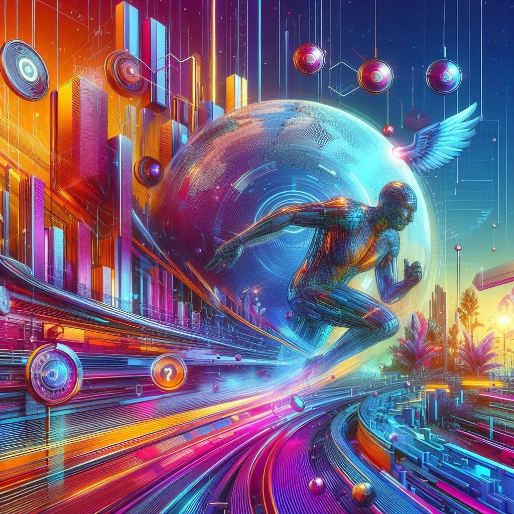 A vibrant and dynamic digital artwork showcasing a futuristic cityscape with a dynamic figure, possibly representing artificial intelligence or virtual reality, sprinting along a luminous pathway. The figure is surrounded by radiant structures and elements symbolizing advanced technology and innovation.