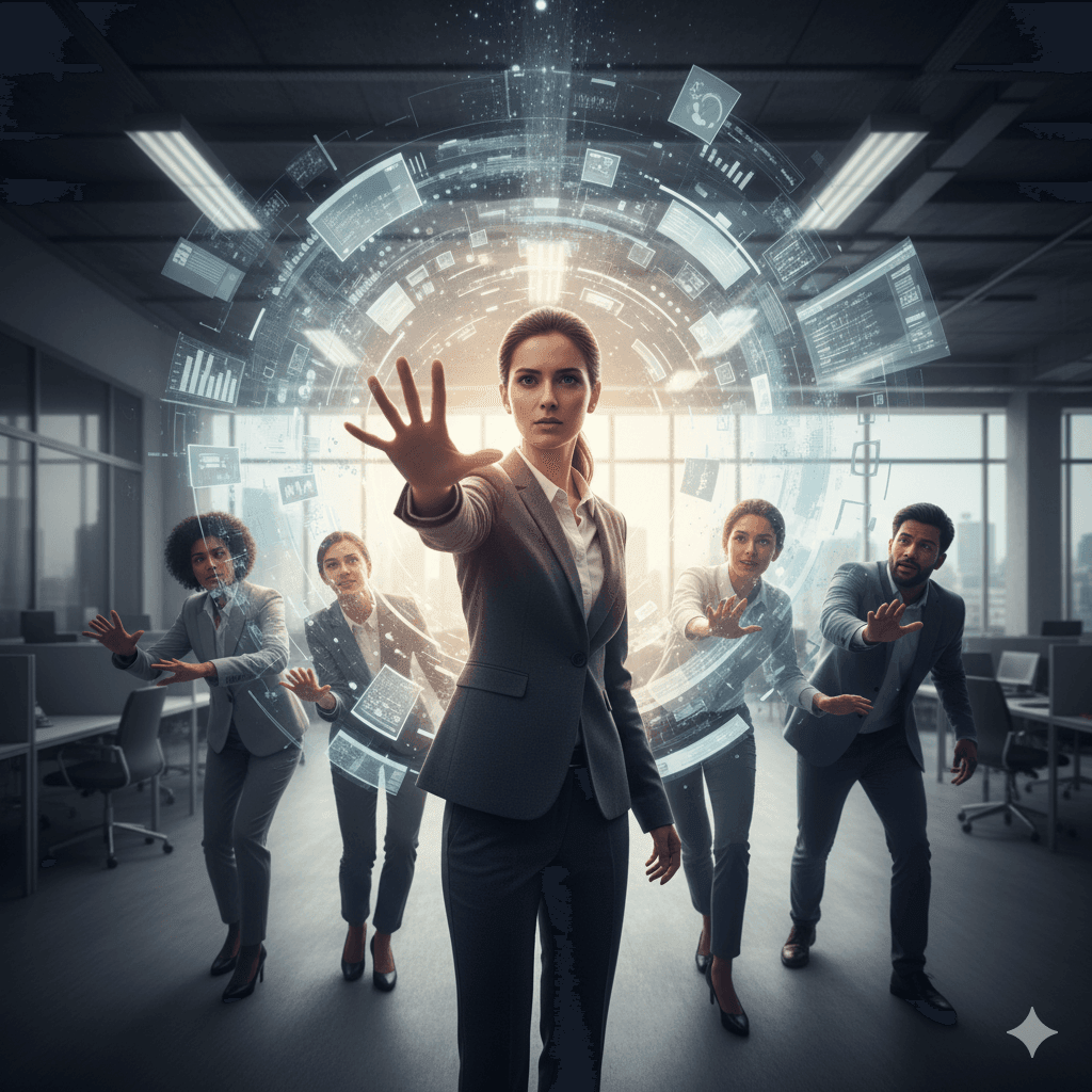 A charismatic and determined individual, embodying a 'change agent', stands at the forefront of a shifting, dynamic corporate environment. With an outstretched hand, they are actively guiding and re-shaping a swirling, semi-transparent vortex of organizational processes and legacy structures that are visibly transforming into new, efficient, and interconnected pathways behind them. A diverse group of colleagues, initially hesitant but now inspired, follow closely behind, their faces reflecting trust and renewed energy, contributing to the momentum. The background shows a blend of old, fading architectural elements merging with bright, modern, and open spaces, symbolizing the transition. Ultra photorealistic, dramatic and inspiring lighting, shallow depth of field, sharp focus on the change agent's determined expression and the transforming environment, illustrating leadership in driving profound organizational change