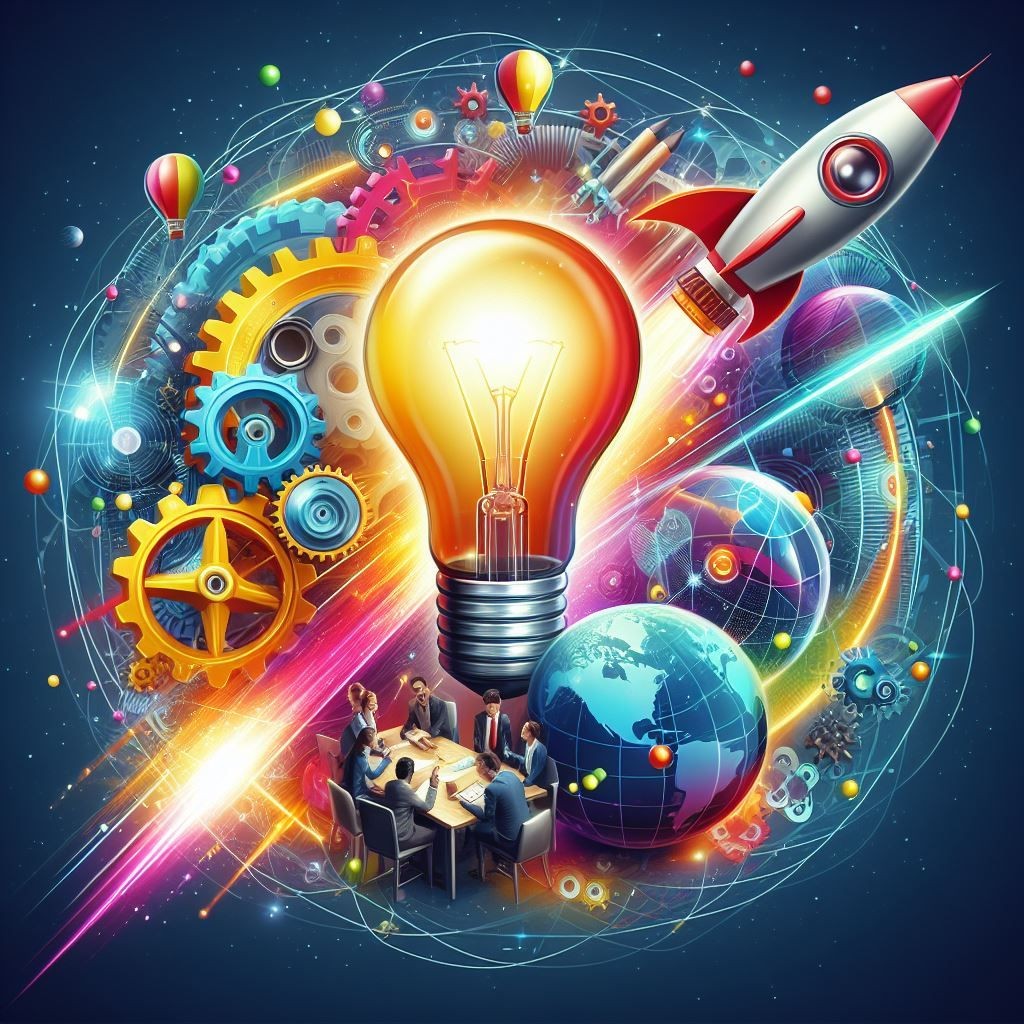 The dynamic nature of innovation, featuring a light bulb symbolizing the spark of ideas, surrounded by elements like gears and a rocket that represent progress and forward momentum. A group of people engaged in discussion near a table suggests collaboration, while the globe with interconnected lines illustrates the global reach and connectivity of innovative ideas. This image encapsulates the concept of turning creative thoughts into tangible, world-changing actions.
