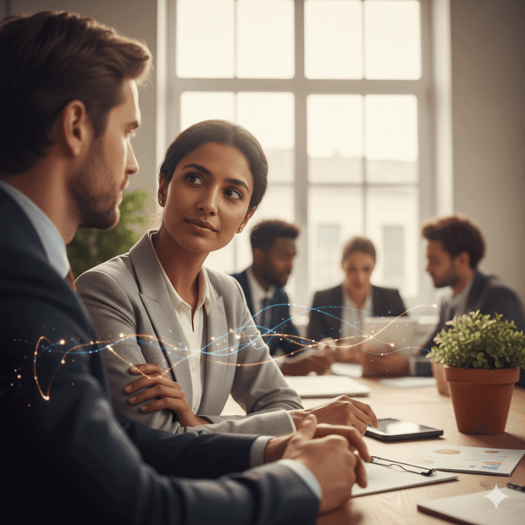 In a warm, subtly lit modern office setting, two diverse professionals are engaged in a deep, empathetic conversation. One individual, with a calm and understanding expression, maintains direct eye contact while gently resting a hand on the other's arm, conveying reassurance and active listening. Subtle, glowing auras or faint light patterns emanate between them, symbolizing the exchange of emotions and mutual understanding. The background is softly blurred, showing other colleagues interacting with varying degrees of engagement, highlighting the contrast of truly emotionally intelligent interaction. Focus is on the nuanced facial expressions and body language that communicate deep connection and empathy. Ultra photorealistic, warm, soft cinematic lighting, shallow depth of field, sharp focus on the two main individuals, illustrating profound emotional connection, active listening, and empathetic communication in a professional context.