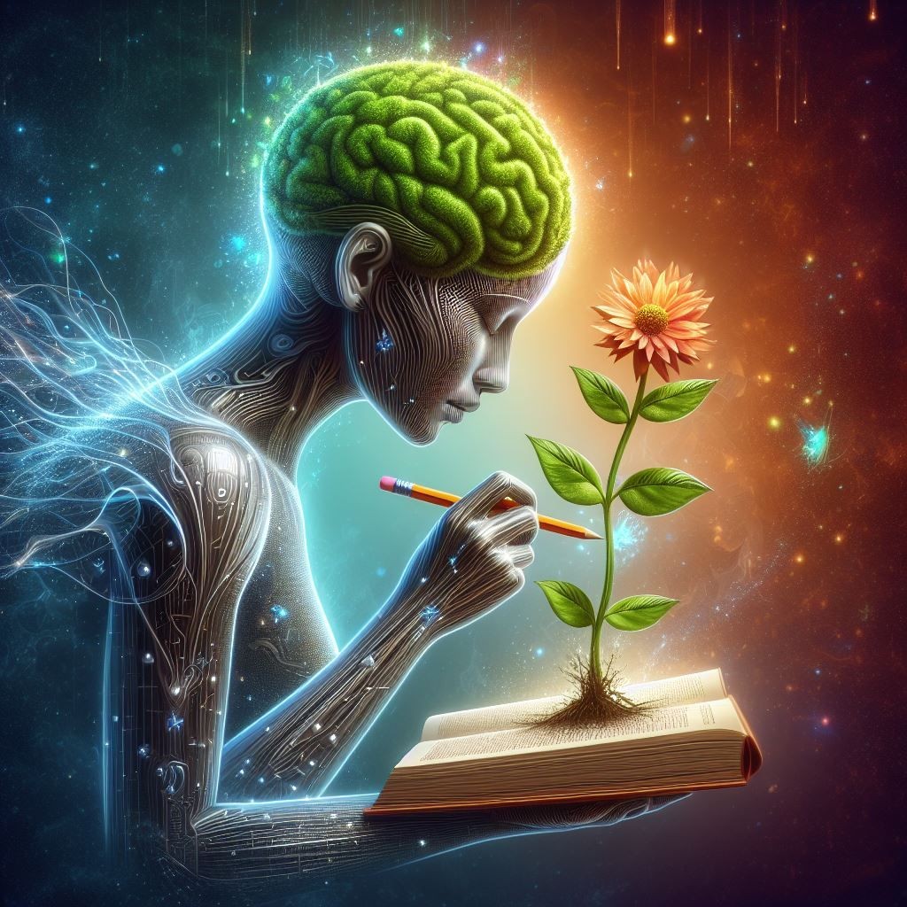 A conceptual illustration depicting the synergy between knowledge and nature, featuring a human figure with a brain flourishing with greenery, being watered by a pencil in one hand, while the other hand nurtures a plant sprouting from an open book.