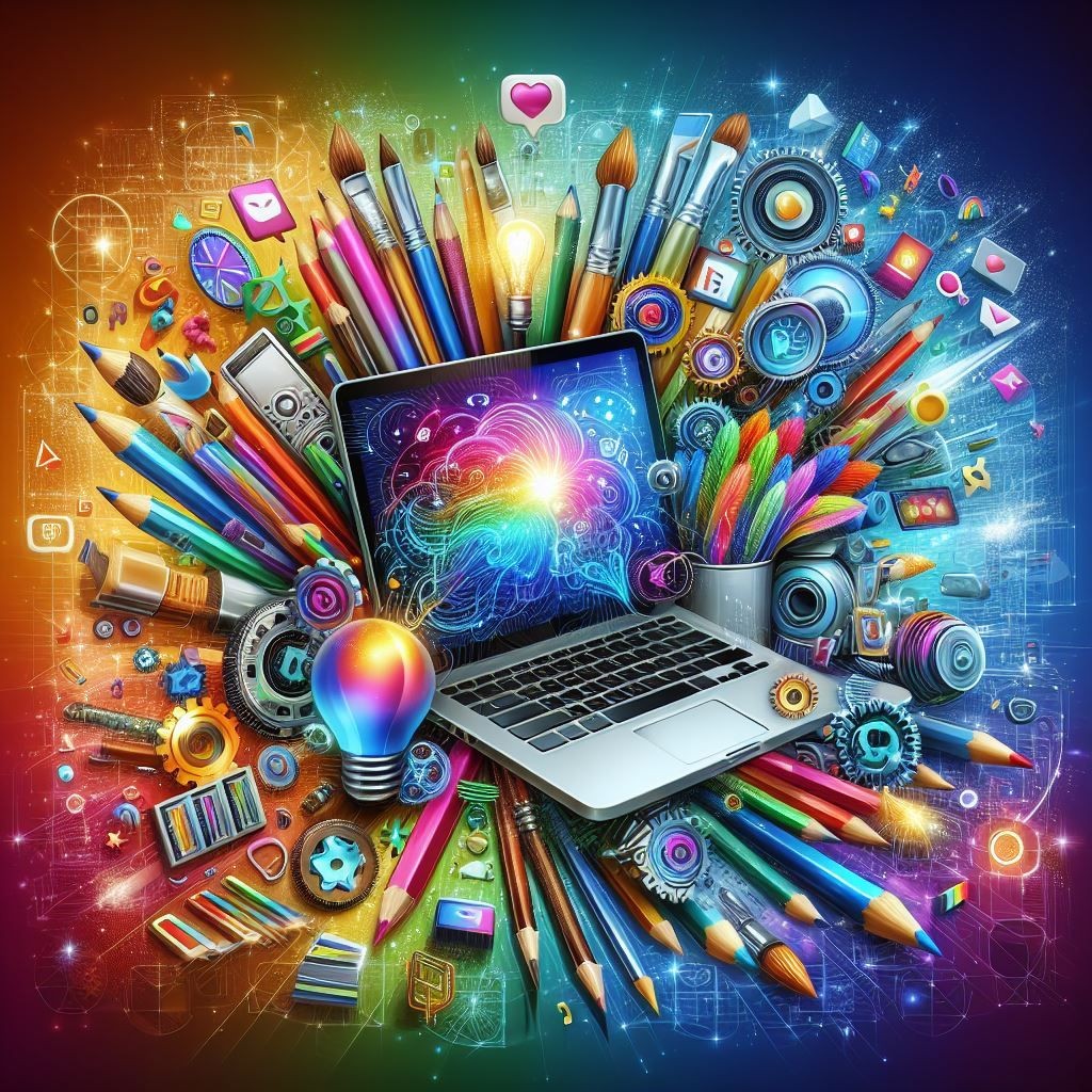 A vibrant and colorful illustration showcases a laptop surrounded by an array of creative and technological tools and icons, including pencils, paintbrushes, gears, light bulbs, and various app icons, symbolizing the intersection of creativity and technology.