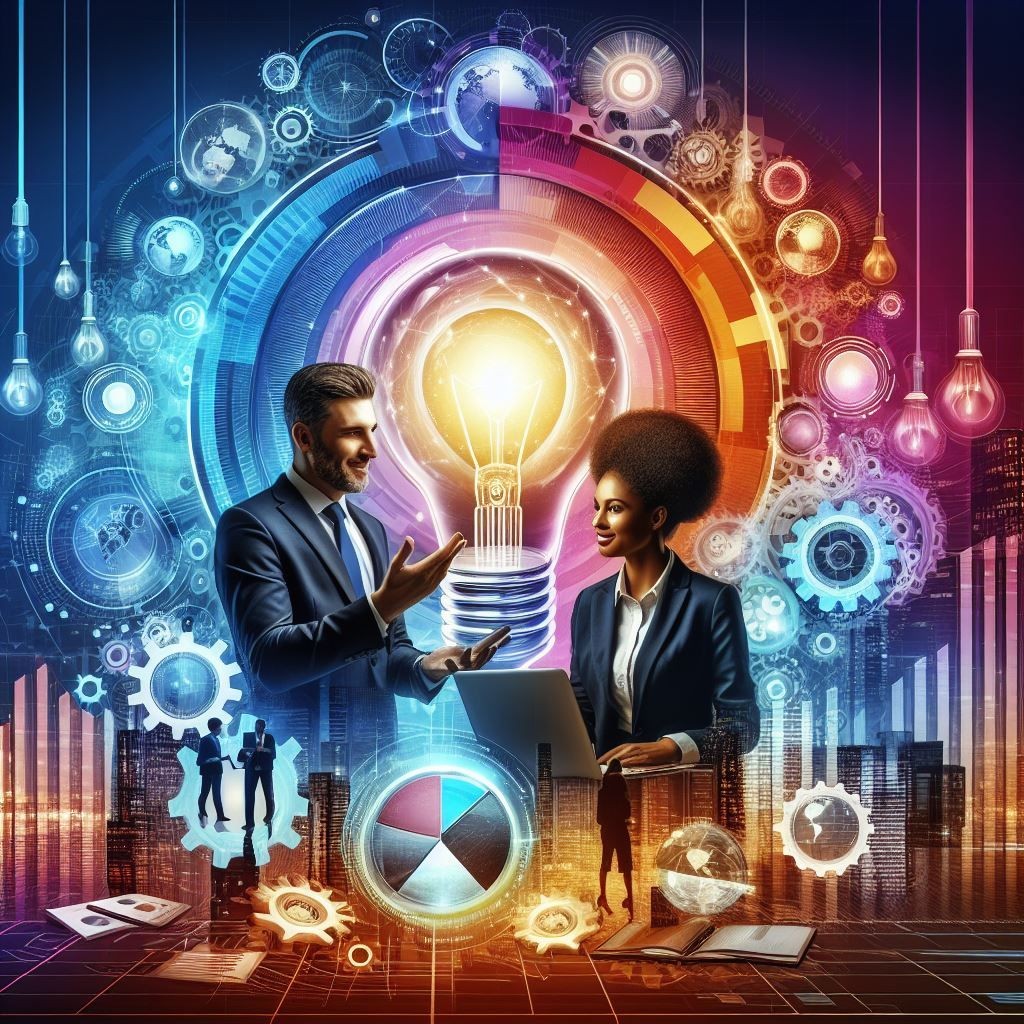 A vibrant and dynamic digital artwork illustrating innovation and collaboration in the corporate world, with two professionals engaged in a discussion, surrounded by symbolic imagery of a glowing light bulb, gears, and futuristic elements against a backdrop of a cityscape