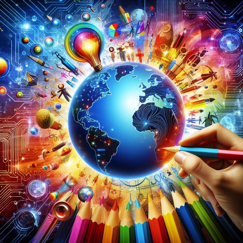 A vibrant globe at the center, surrounded by symbols of creativity, innovation, and global connectivity. A hand draws colorful lines radiating from the globe, while colored pencils, human figures, graphs, and technological icons orbit around it. The background features circuit-like designs, emphasizing technology’s role in connecting the world. The use of bright colors throughout the image conveys an energetic and dynamic atmosphere, highlighting the global pulse of creativity and technological advancement.