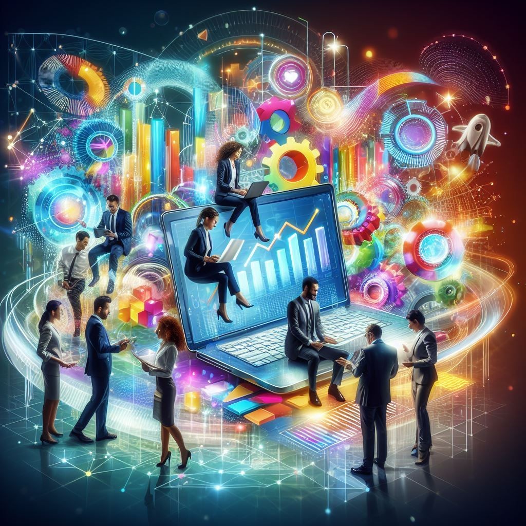 A vibrant and colorful illustration showcasing Business professionals of various ethnicities who are interacting with various elements, including a laptop displaying graphs, indicating a collaborative and dynamic brainstorming process, symbolizing innovation and creativity.