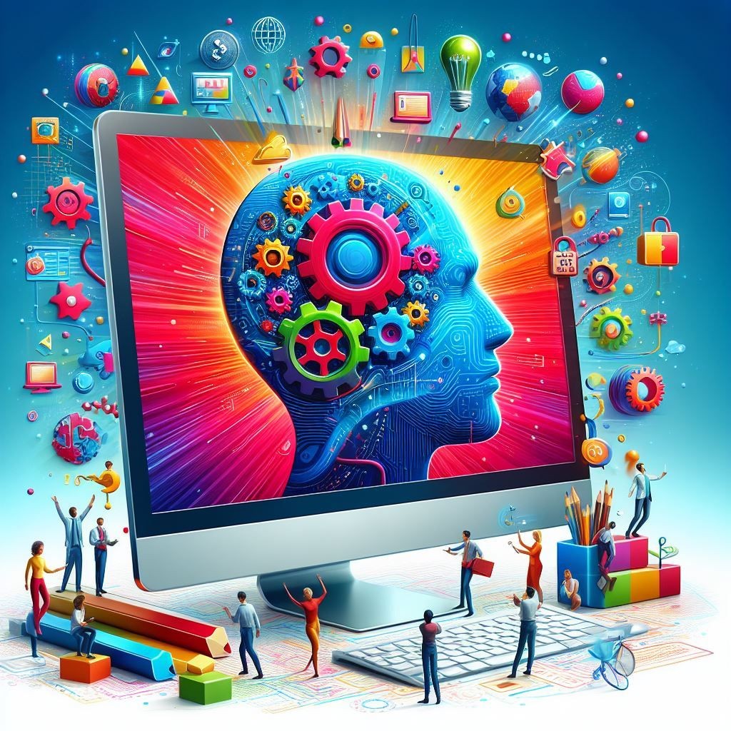 A vibrant and colorful illustration showcasing a large computer monitor displaying a human head profile embedded with gears, symbolizing the process of thinking or learning. Surrounding the monitor are miniature people engaged in various activities, icons representing creativity and innovation, and elements of web development and design