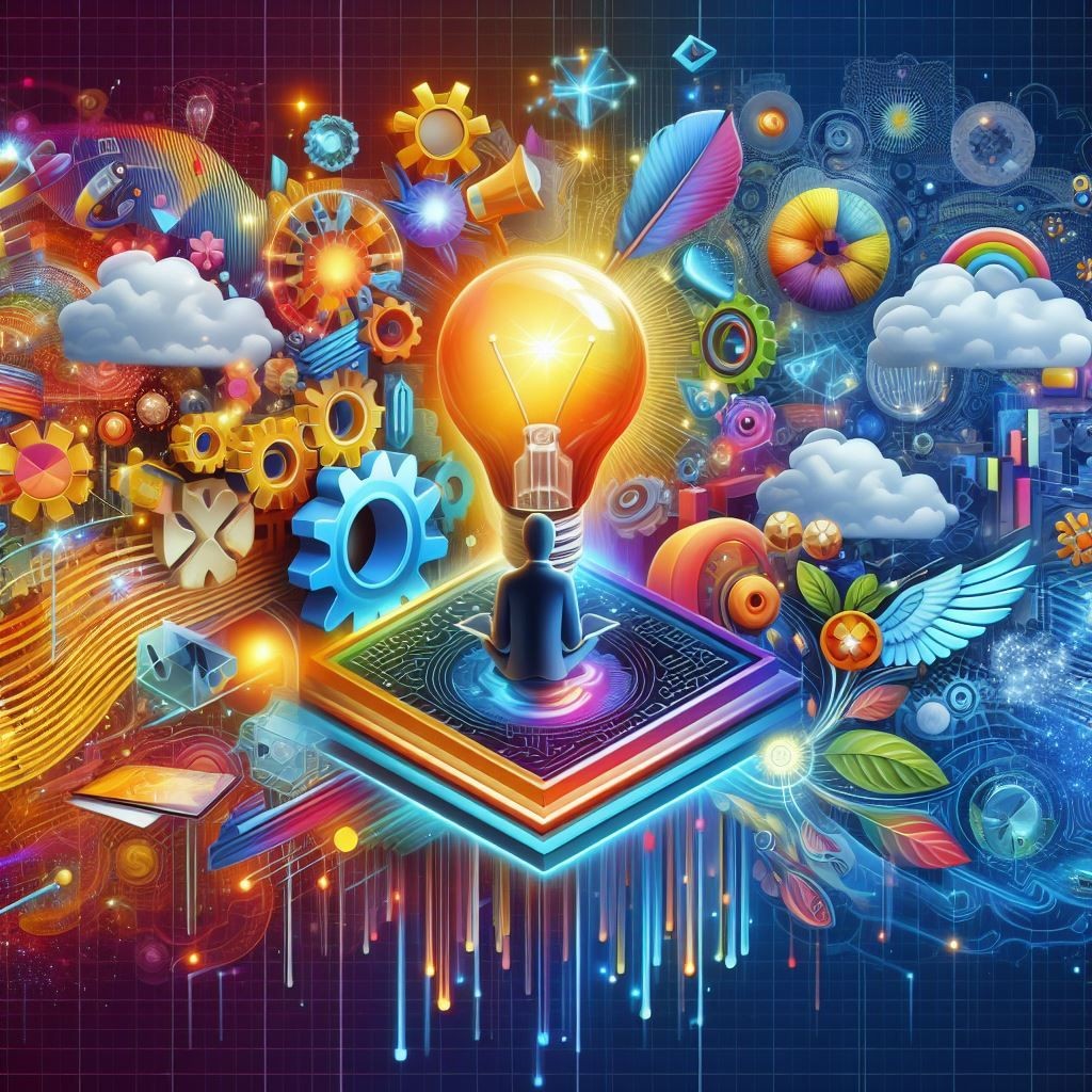 A vibrant and colorful digital artwork that depicts a person in a meditative posture, illuminated by the glow of an oversized light bulb, symbolizing enlightenment or the spark of an idea. The background is adorned with various icons representing creativity, innovation, nature, and technology, all harmoniously interconnected. The use of radiant colors throughout the image conveys a sense of vibrancy and energy, suggesting a realm of creativity and boundless possibilities. Elements like rainbows, clouds, and stars add a fantastical touch to the scene, while the intricate designs on the geometric platform emanate a radiant glow from the meditative figure’s position.