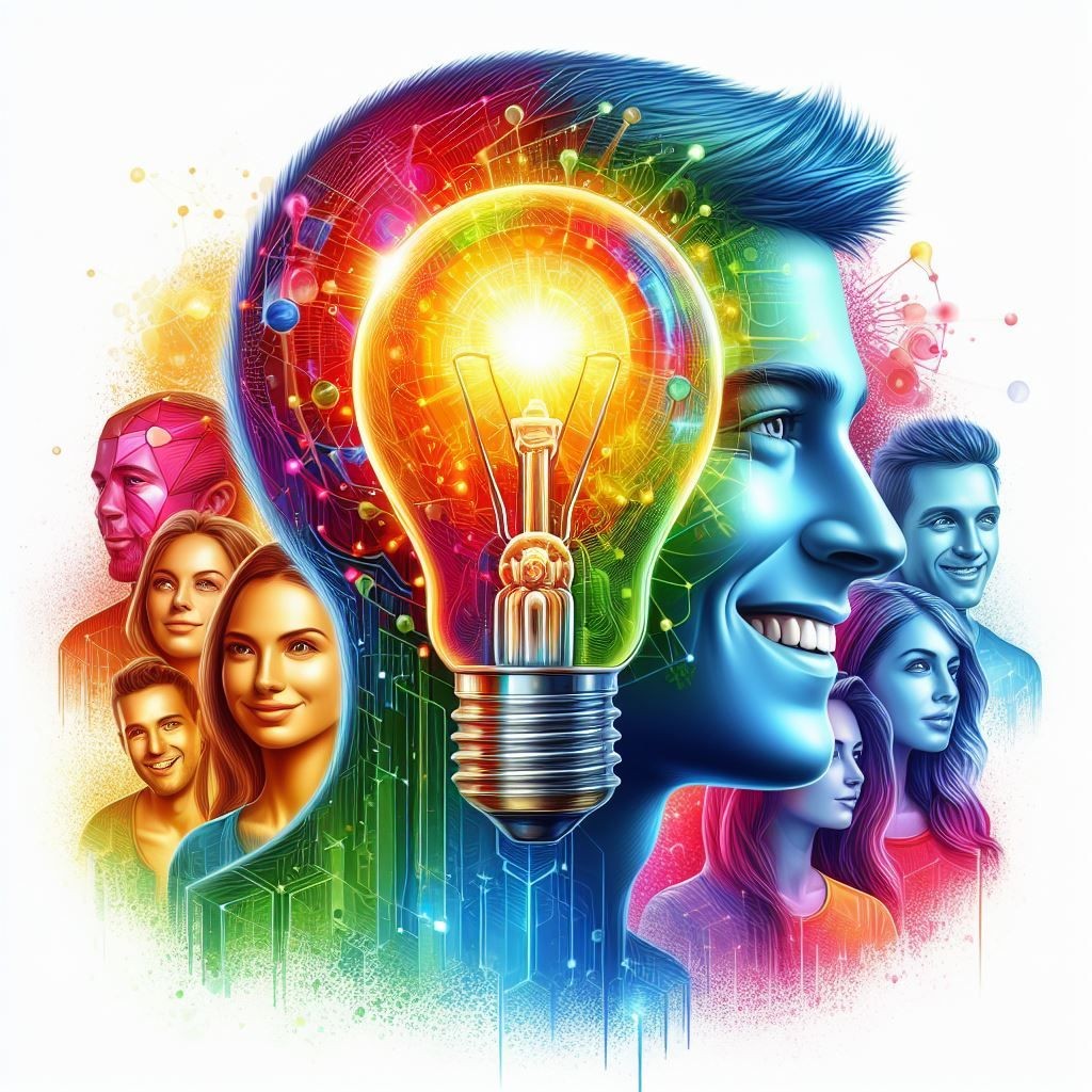 A vibrant and colorful illustration showcasing a human head silhouette filled with a glowing light bulb and circuitry, radiating energy and symbolizing creativity, idea generation, and technological advancement