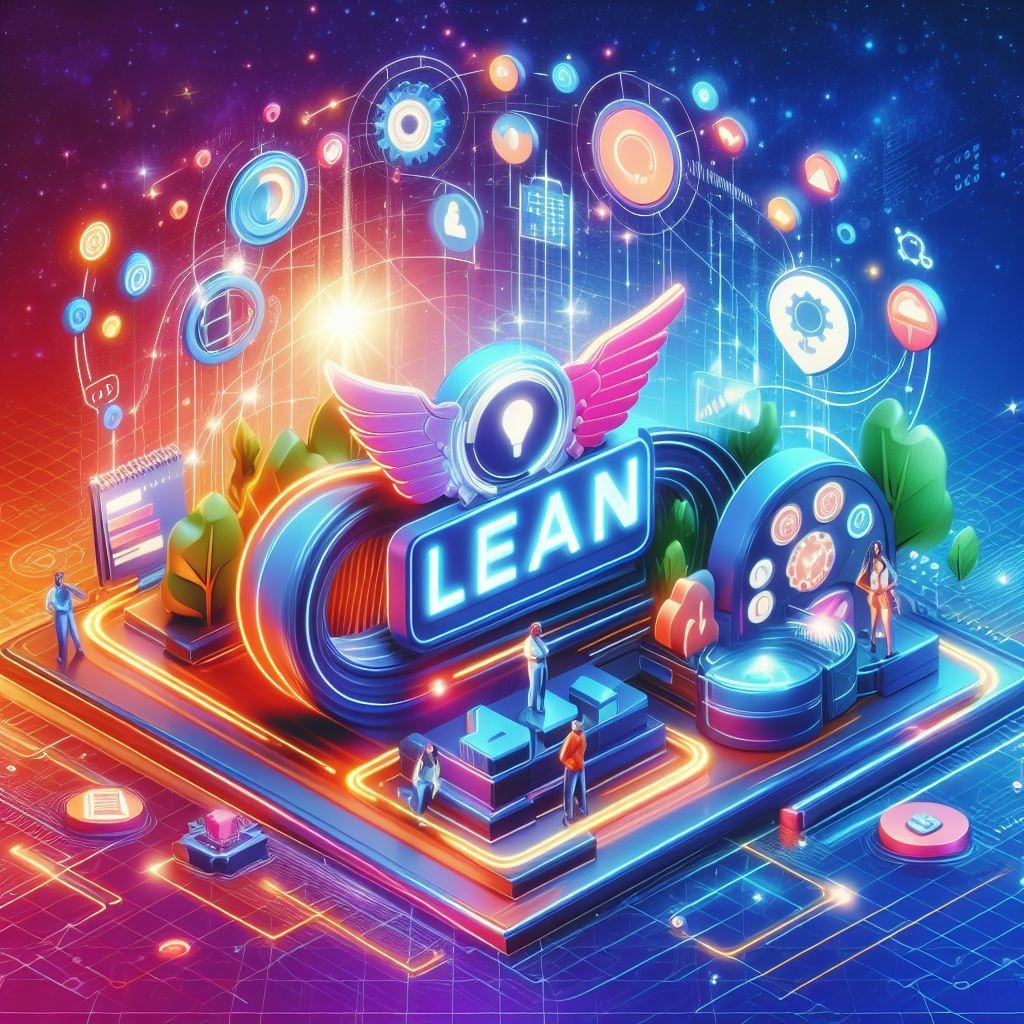 A vibrant digital illustration showcases a futuristic environment centered around the theme of “LEAN” methodology. The image features neon lights, small human figures interacting with technology, and a complex network of lines and nodes. The overall color scheme is dominated by blues, purples, and pinks, creating an otherworldly ambiance