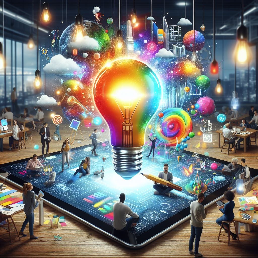 A dynamic digital artwork depicting a large, illuminated light bulb emerging from a tablet, symbolizing a burst of creativity and innovation, surrounded by colorful elements and miniature people engaging with the scene in a modern workspace