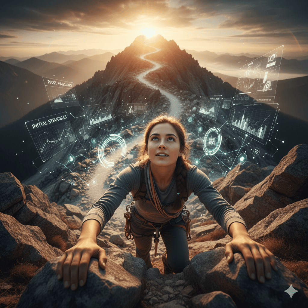 A determined individual, mid-climb, grips a rocky handhold on a challenging but navigable mountain path. The scene is composed to fill the entire frame, with the path spiraling dynamically upwards towards a bright, achievable summit that dominates the upper portion of the image. Subtle, translucent projections of 'past failures' or 'initial struggles' are faintly visible in the midground, fading away, while ahead, glowing 'learning pathways' and 'skill acquisitions' dynamically illuminate their upward trajectory, drawing the eye. Their face, clearly visible and sharp, shows a blend of intense focus, resilience, and quiet optimism, embodying a celebration of effort and progress over innate talent. The rugged mountain landscape stretches broadly across the frame, emphasizing the grand scale of the journey. Ultra photorealistic, dramatic natural golden hour lighting, sharp focus on the climber and their immediate surroundings, detailed textures of rock, skin, and climbing gear, illustrating perseverance, continuous learning, and overcoming challenges to grow, filling the entire canvas.