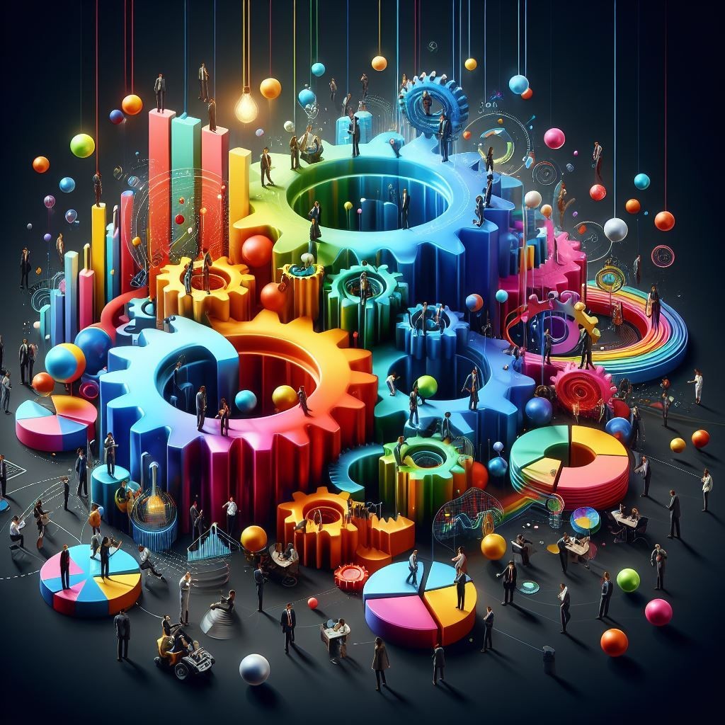 A dynamic and colorful 3D illustration that portrays a bustling business ecosystem. At the heart of the image is a multi-layered, multi-colored gear mechanism, symbolizing the intricate workings of a company. Surrounding the gears are miniature business professionals engaged in various activities, from analyzing data to strategizing and networking. The inclusion of bar graphs, pie charts, light bulbs, and floating spheres adds depth to the theme of innovation, analytics, and strategy. The dark background accentuates the vibrant colors of the central gears and the energetic atmosphere of a modern business environment