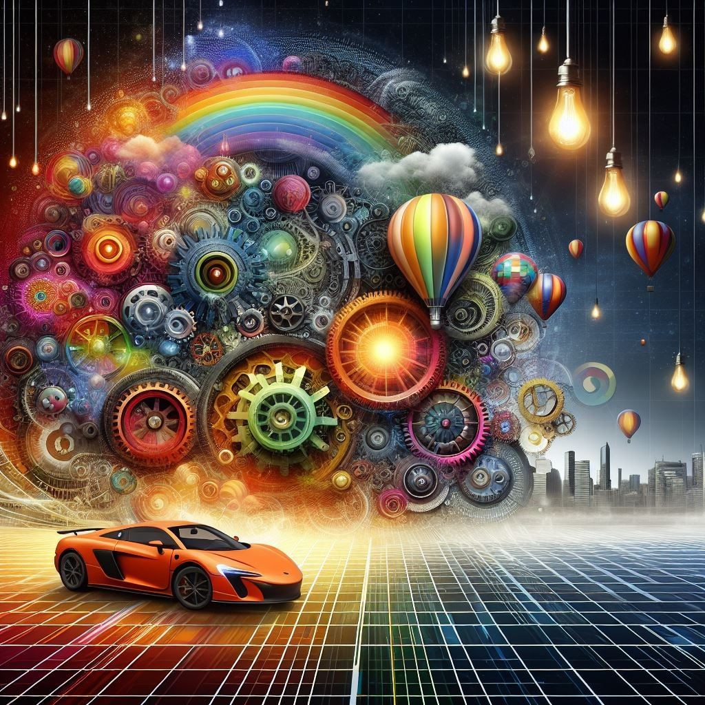 A vibrant digital artwork that merges the mechanical and natural worlds, featuring a large circular formation of colorful abstract shapes, gears, a bright rainbow, an orange sports car, hot air balloons, and an abstract cityscape. Light bulbs dangle from above, symbolizing innovation amidst a grid-patterned digital backdrop