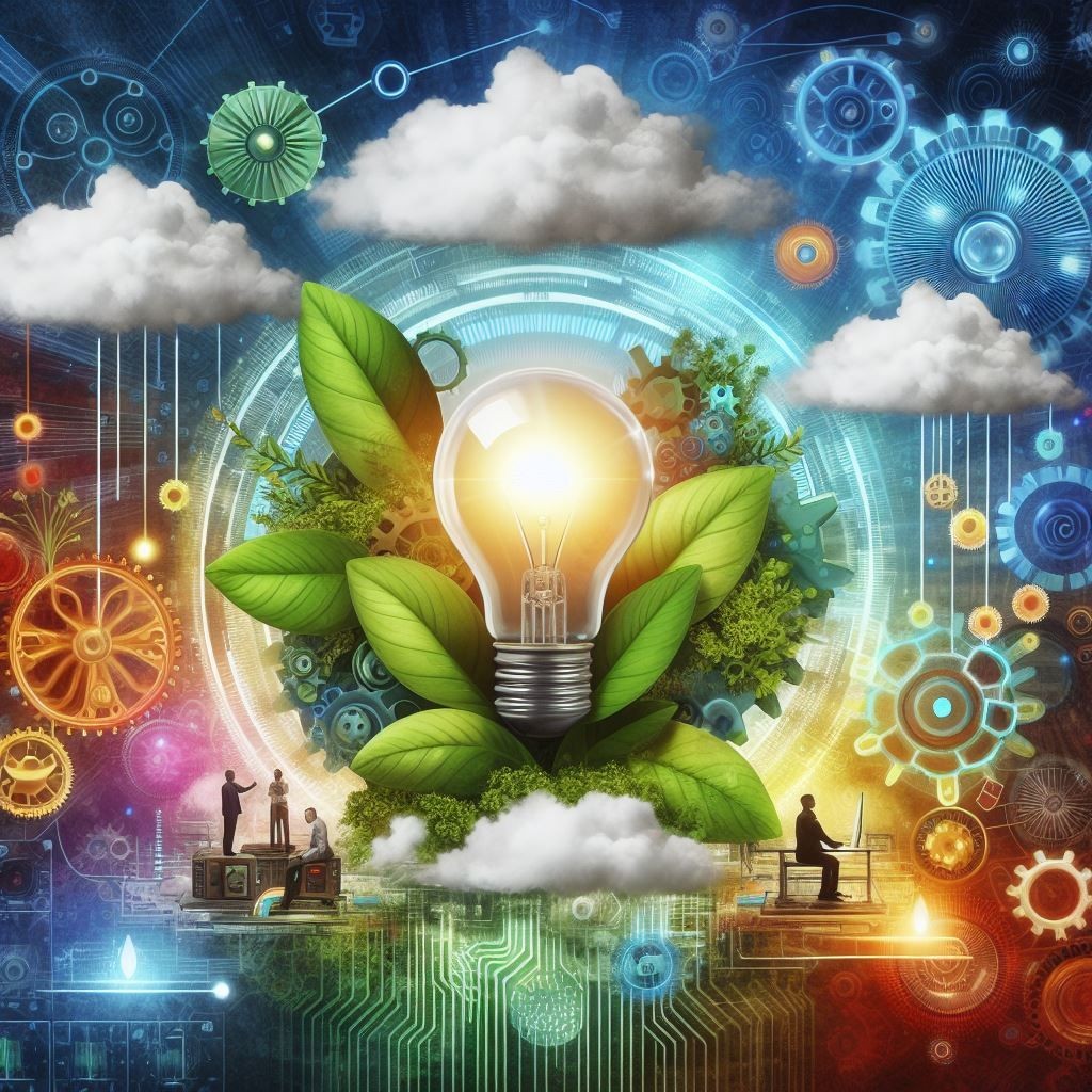 A dynamic illustration blending technology and nature, featuring a central light bulb surrounded by colorful gears, clouds symbolizing cloud computing, and human figures interacting with technology. Green plants are woven into the technological elements, against a backdrop of digital patterns, conveying the harmony between innovation and the natural world