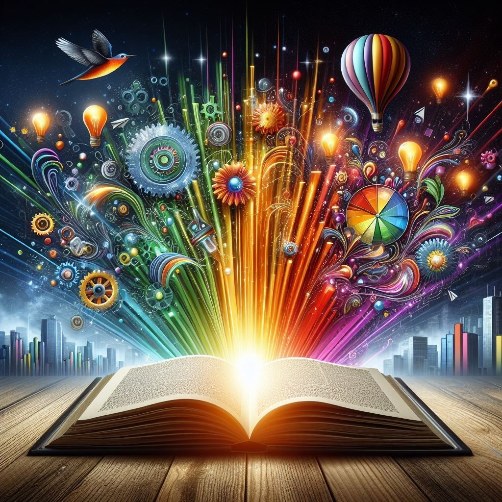 A vibrant and imaginative illustration depicting an open book as the source of knowledge, with its pages emitting radiant light that gives life to colorful bar graphs, gears, light bulbs, and hot air balloons, all set against a cityscape backdrop. The image conveys the enlightening power of knowledge and creativity in a dynamic workspace environment, symbolizing growth, innovation, and the continuous motion of progress.