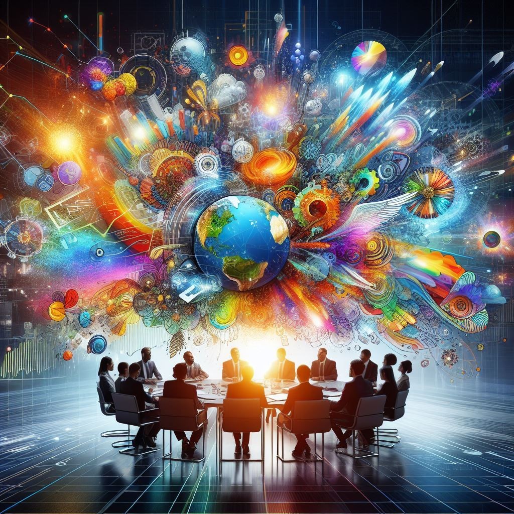 A dynamic and colorful representation of global business innovation, showcasing a team of professionals engaged in a meeting with a vibrant explosion of creative elements, including the Earth, graphs, and artistic designs symbolizing diverse ideas and international collaboration.