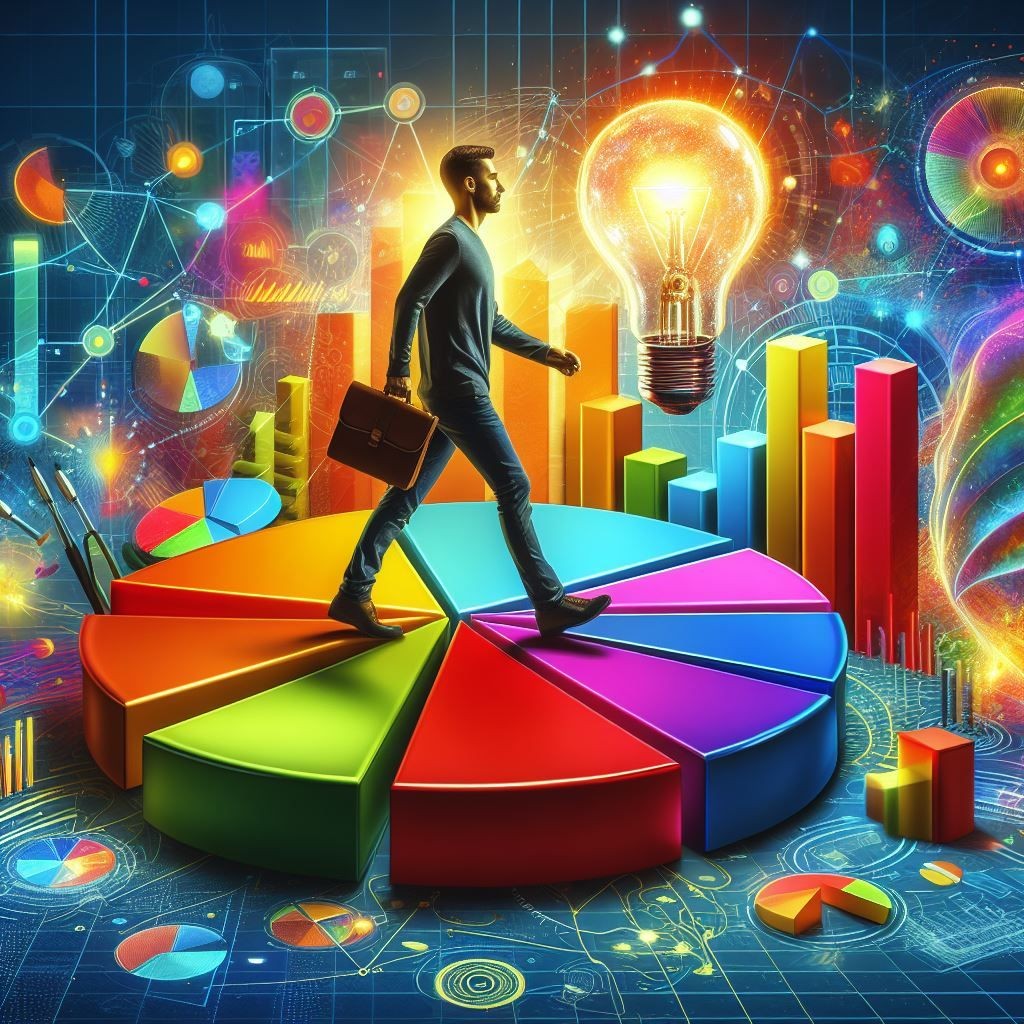 A businessman stepping confidently across a colorful 3D pie chart, surrounded by dynamic graphs and a glowing light bulb symbolizing innovative ideas and data-driven business strategies