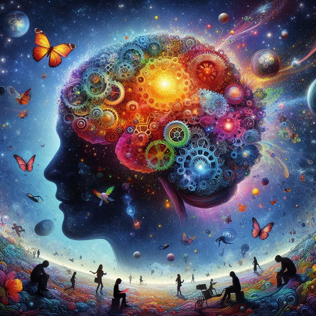 A vibrant and imaginative digital artwork that captures the essence of human intellect and collaboration. The central feature is a large, detailed human brain, filled with colorful gears and mechanisms, symbolizing the intricate thought processes and creativity. This brain floats within a cosmic atmosphere, surrounded by elements like butterflies, flowers, and planets, suggesting a connection between the mind and the universe. Below, silhouetted figures engage in activities of learning and collaboration, set in a futuristic environment with holographic displays and advanced technology. The cityscape outline in the background adds depth and context to the scene, portraying a blend of the natural and the technological