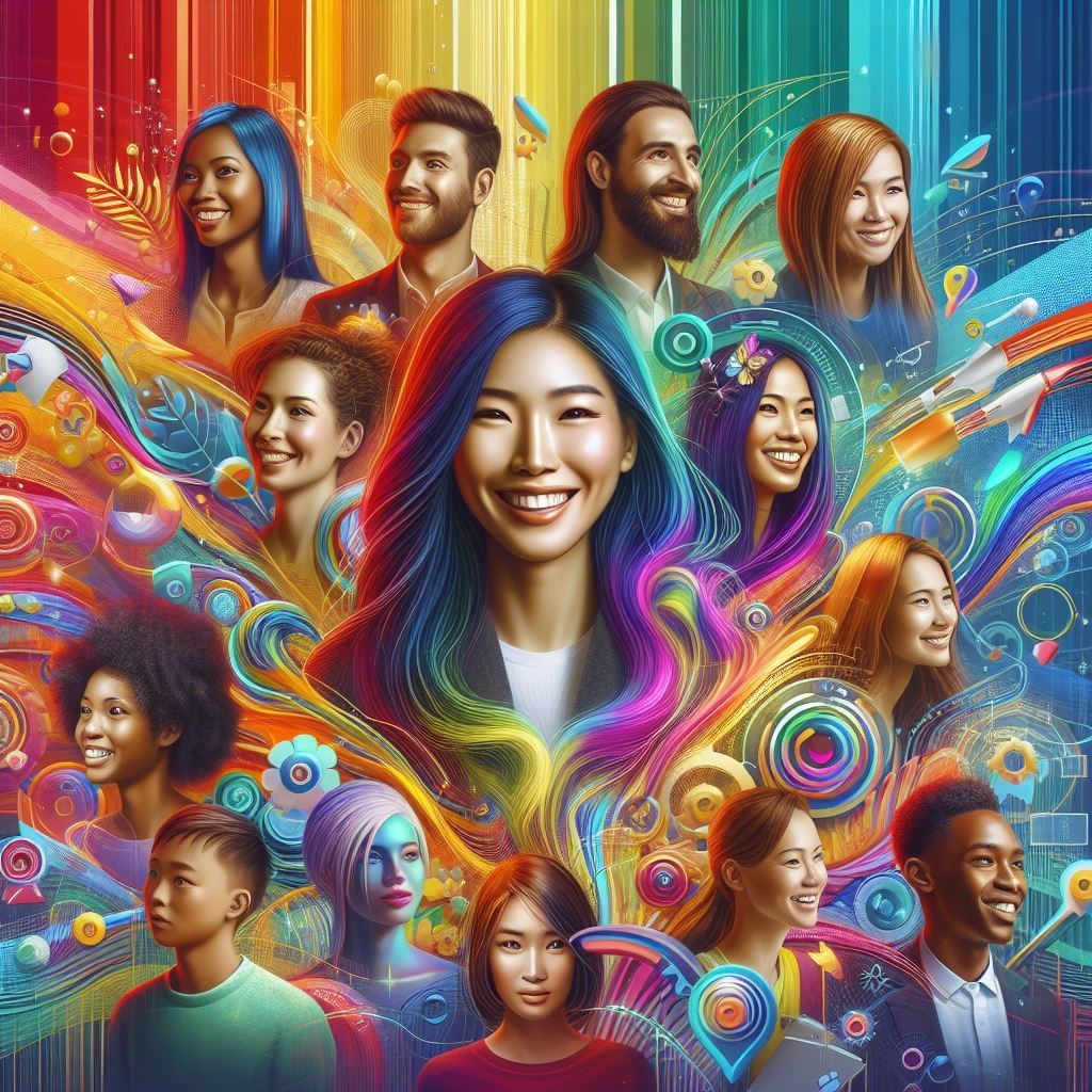 A vibrant and colorful digital artwork centered around a smiling woman with multi-colored hair. The background is a dynamic blend of abstract designs that evoke both technological and organic elements. Bright colors and swirling patterns create a visually stimulating effect, while the obscured faces of surrounding individuals focus attention on the central figure. The overall mood is one of positivity and energy within a complex, interconnected environment.