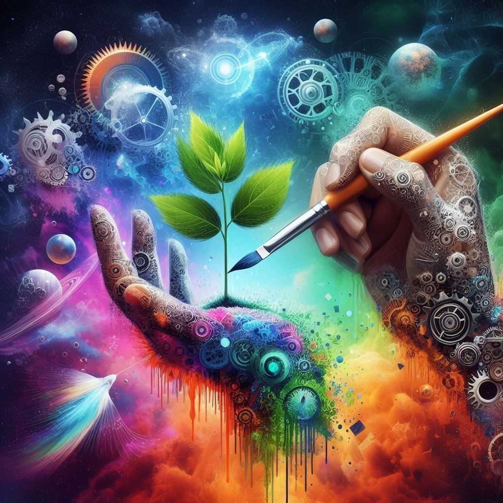 A hand with a paintbrush illustrates the fusion of nature and technology, with a plant sprouting from a spectrum of colors, gears, and celestial bodies, symbolizing the creative harmony between the organic and the engineered.